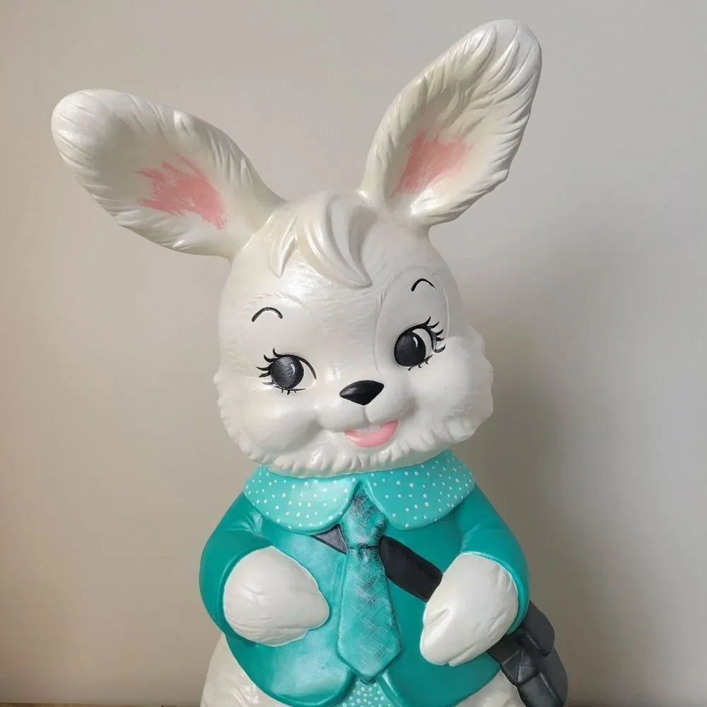 Kitschy Cute Large Easter Bunny Ceramic Figurine • Teal Jacket & Tie 🐰🩵